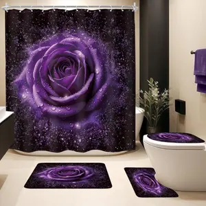 Purple rose pattern design, 4-piece shower curtain set, plant flower bathroom decoration, with carpet (bath mat, U-shaped, toilet lid) and 12 durable hooks, non slip floor mat, waterproof forest shower curtain, polyester fiber