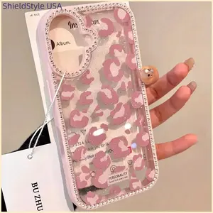 Transparent phone case with elegant leopard print pattern, studded with glitter and rhinestones, compatible with iPhone16ProMax, 16 15Pro 14PLUS 13 12Pro 11 Pro Max X XSMAX provides gentle shock protection. Case Durable