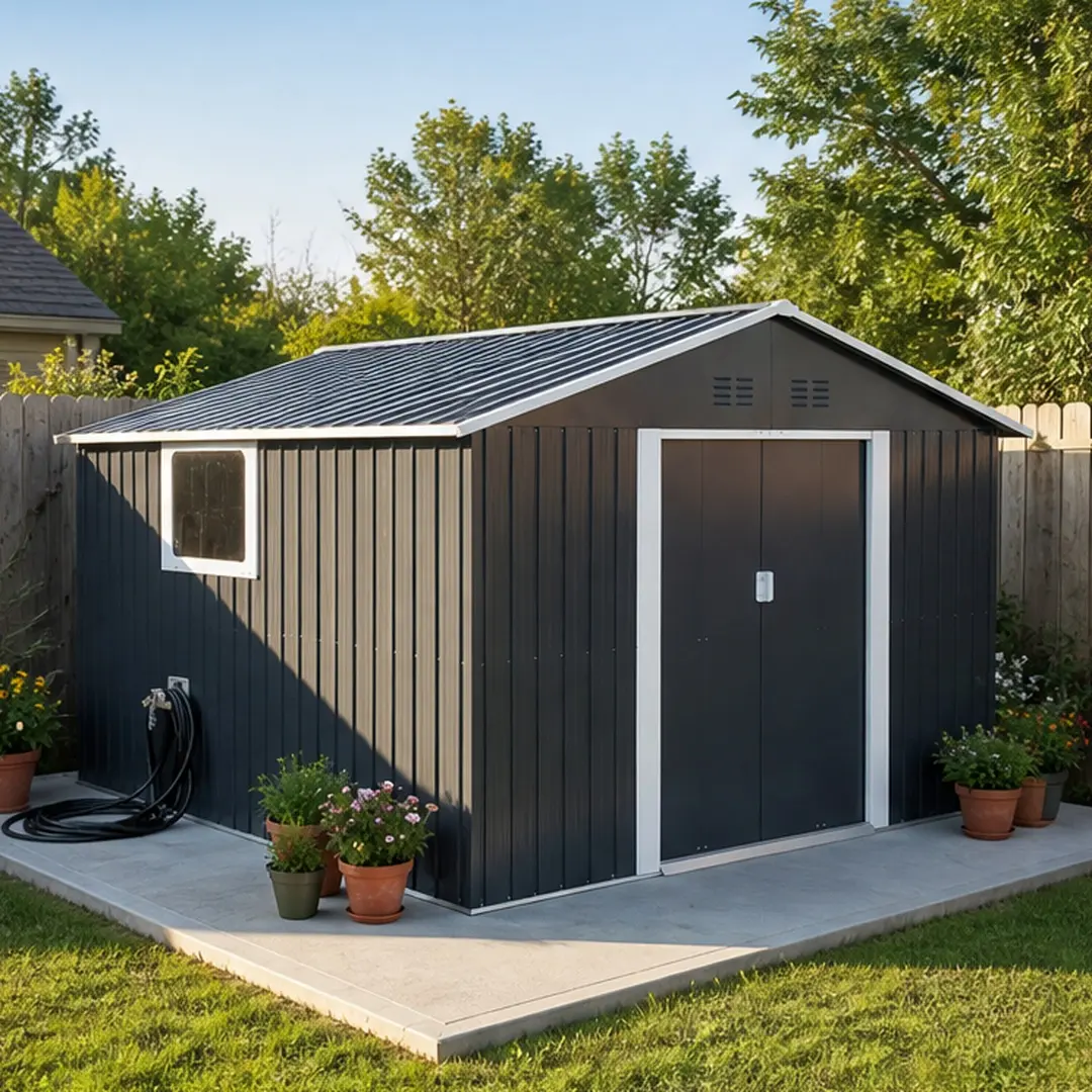 11.2x10.6 FT Metal Garden Shed Outdoor Storage Shed Grey with Window Galvanized Frame Sliding Door Punched Vents for Backyard Lawn Tool Equipment Storage Workshop, Grey Color Options, Metal Material, Product Weight: 239.86 lb