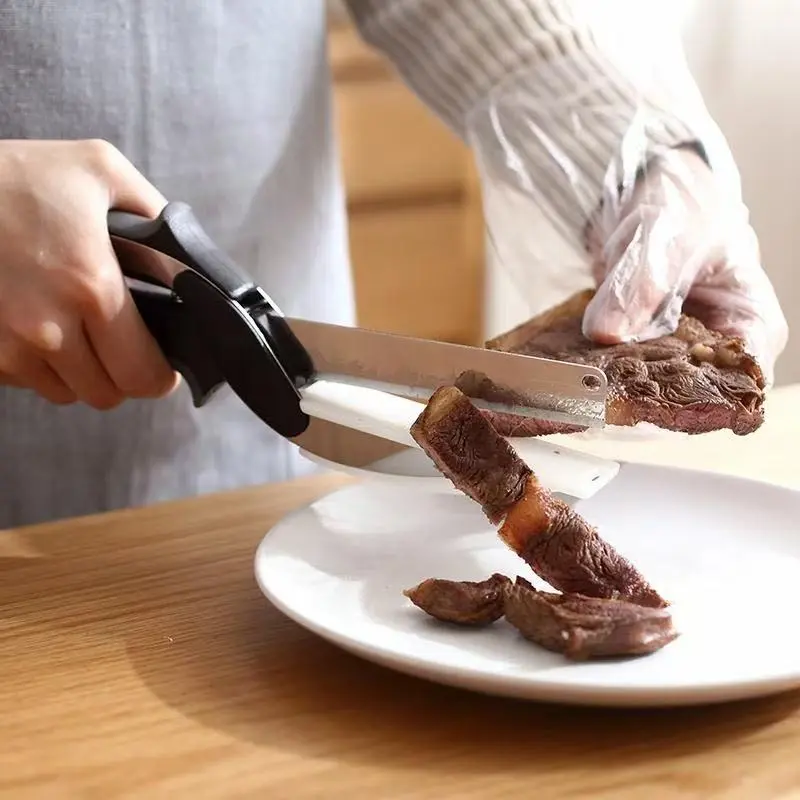 2-in-1 Multi Kitchen Cutting Clipper - Sharp Stainless Steel Blade & Portable Plastic Cutting Board With Secure Safety Lock | Quick Prep Fruit Veggie Slicer - Labor-saving Meat Cheese Bread Kitchen Cutter