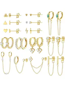 Gorgeous 27 Pcs Golden Dainty Earrings Set Diverse Stud Huggie Hoop Surgical Steel Copper Earring Set for Women Men for Multiple Piercing Hypoallergenic Small Dangle Chain Cartilage Earrings Stacks Pack Bling Stylish Accessory
