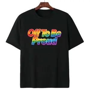 Pride-themed rainbow text statement T-shirt with the phrase “Off to be proud”