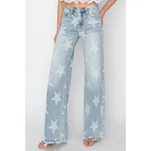 RISEN Full Size Raw Hem Star Wide Leg Jeans