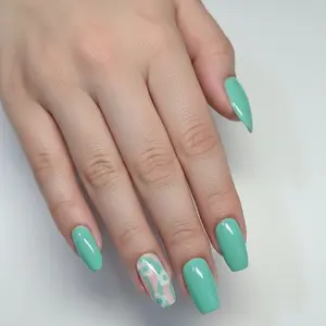 Shiny 24 pcs Press On Nail with Flower Design - Mint Green & Pink Swirls - Perfect for Quick Manicures