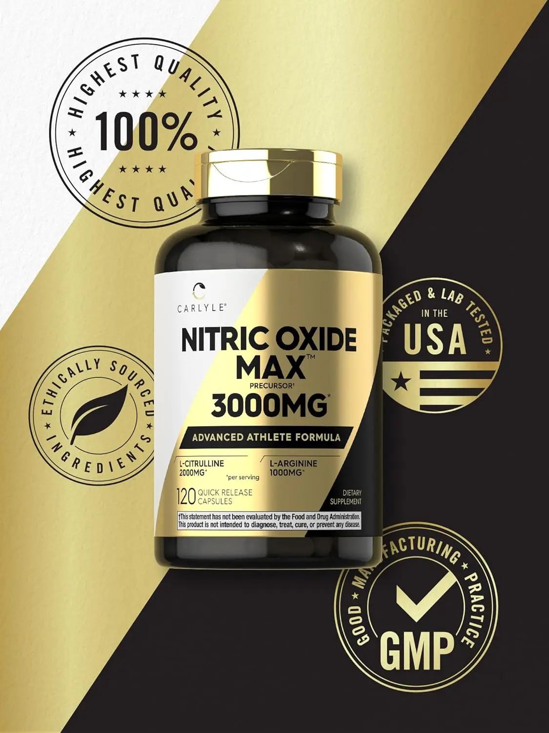 Carlyle Nitric Oxide Supplement 3000mg | 120 Capsules | with L-Arginine & L-Citrulline | For Men & Women | Pre & Post Workout | Non-GMO, Gluten Free