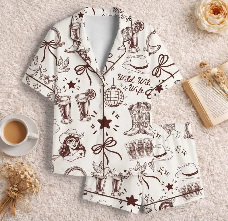 Women's Wild Wild Wife Bachelorette Pajama Set - Soft 2-Piece Short Sleeve Button Down Sleepwear & Shorts. Western Cowgirl Disco Print Loungewear PJs. Nashville Girls Trip Bridal Party Nightwear. Bride To Be Last Rodeo Matching Bridesmaid Gift