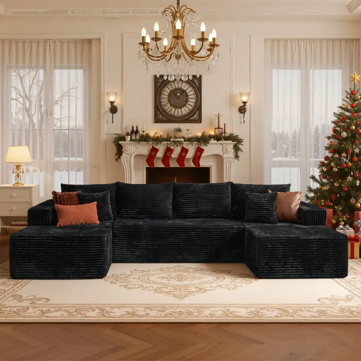 133" Oversized Plush Corduroy Boneless Sectional Sofa - U-Shaped Modular Convertable Chaise Lounge Sleeper Bed, Cloud Luxury Deep Seat, No-Assembly Indoor Furniture, Sofas for Living Room, Boneless Sectional Couch floor