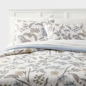 Twin/Twin Extra Long Printed Comforter Set Ivory/Light Blue/Honey Yellow - Room Essentials: Botanical Pattern, OEKO-TEX Certified