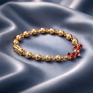 Cherry Bracelet - Elegant Gold-Tone Beaded Design with Red Gemstone Accents for Women's Fashion Jewelry