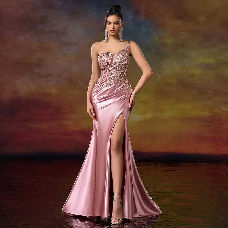 on the red carpet dress - rose gold ZAPAKA Women Rose Gold Prom Dress Mermaid Beaded Ruched Sequin Corset  Evening Dress With Side Slit