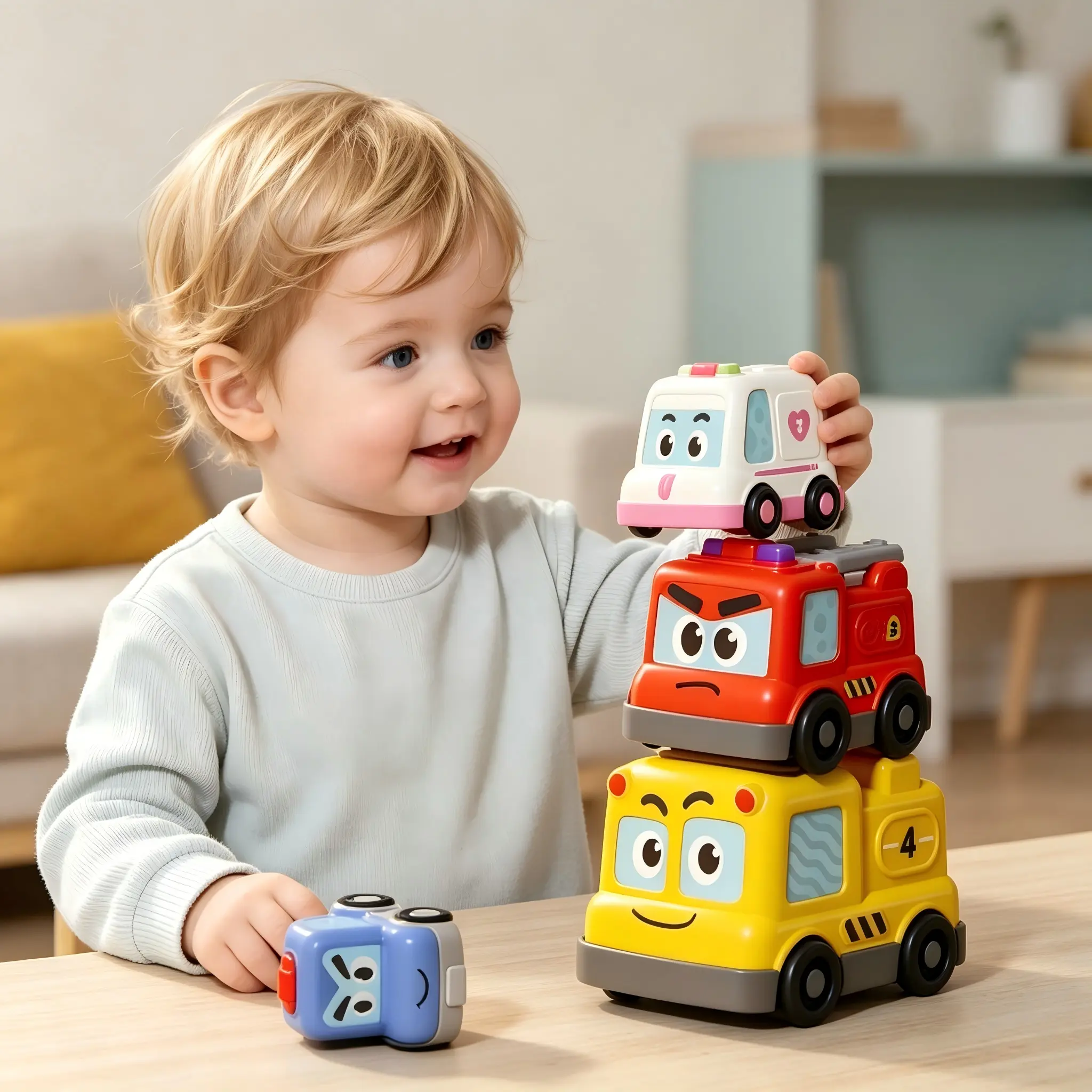2026 Viral 4-in-1 Magnetic Connect Stackable Toy Car Set, Friction Powered Light & Music Toddler Vehicles, BPA-Free Smooth Safe Screen-Free Quiet Play Kit, Montessori Early Education Developmental Gift for Babies 1-3 Years Old, Baby Showers