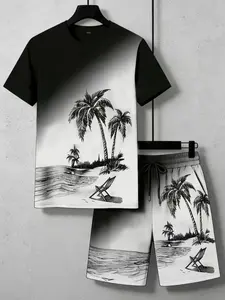 Summer Men’s Casual 2PCS Outfits Hawaiian Palm Tree Print Crew Neck Tee & Drawstring Shorts With Pockets
