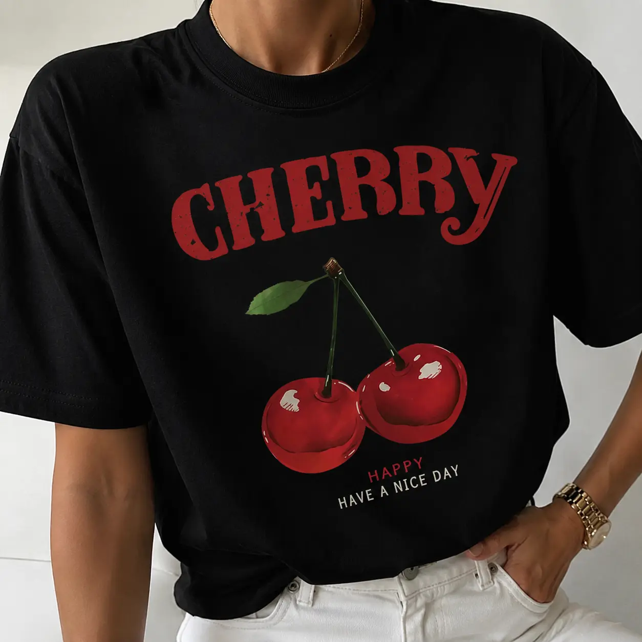 Vintage Distressed Cherry Fruit Graphic Oversized Women’s Crew Neck T-Shirt, Retro Red Cherry CHERRY Letter Happy Have A Nice Day Short Sleeve Black Summer Casual Street Tee