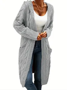 Elegant Plus Size Hooded Knit Cardigan Long Sleeve Button Pocket Sweater Coat Casual Plain Color Women's Fashion Outerwear Knitwear Turquoise Blue Fitted Winter Knitting Tops cardigan  outfits Womenswear Basic