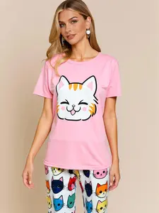 Women's Sweet Sleep Cartoon Cat Print Pajama Set, 2-Piece Short Sleeve T-Shirt & Long Pants, Comfortable Fashion Nightwear Loungewear