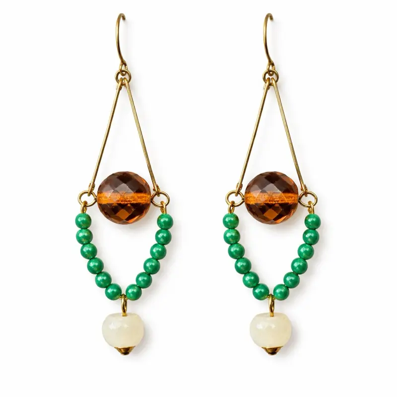 Jewelry Designs by Brandy Frazier Ladies Long Beaded Earrings with Stone and Crystal Beads in Amber, Kelly Green, and Ivory dangling  earring