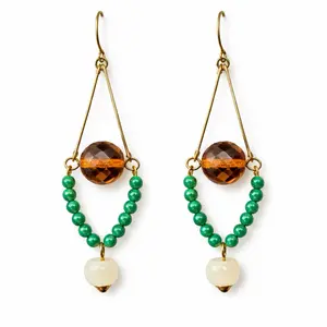 Jewelry Designs by Brandy Frazier Ladies Long Beaded Earrings with Stone and Crystal Beads in Amber, Kelly Green, and Ivory dangling  earring