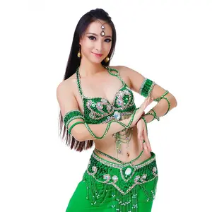 [Shipping from USA]Women Sexy Belly Dance Beaded Top Bra & Belt 2pieces Belly Dance Costume Outfit Set Female Bollytwood Dance Costume 11 Colors