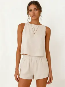 IDEALSANXUN Womens Two Piece Sets Summer Beach Spring Linen Tank Tops and Shorts Casual