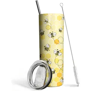 Yellow Bee Coffee Mug - Insulated 20 Oz Tumbler with Lid and Straw for Bee Lovers Drinkware Birthday