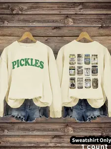 Women's Casual Fitted Pickles Graphic Letter Print Olive Pullover Sweater, Soft Long Sleeve Round Neck Sweatshirt, All Seasons Wear