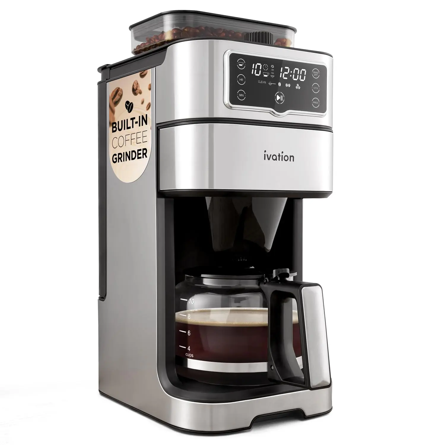 Ivation Coffee Maker & Grinder With Warming Plate And Timer - 10 Cup, Reusable Filter, 1.5L Tank