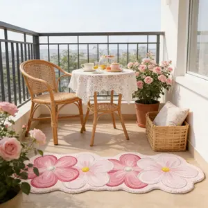 Cute cream style pink flower bedroom bedside plush special-shaped carpet warm pink and white gradient flower bay window balcony thickened carpet sweet peach shape living room sofa area decorative carpet home washable powder room non-slip floor mat