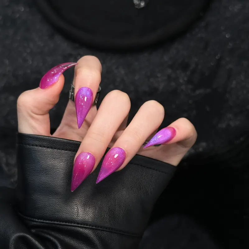Handmade Reusable Press-On Nail Sets, Hot Pink Gradient Glitter Cat-Eye Designs, Thin High-Heel Dragon-Cat-Beast Claw Nail Art Decorations (Size S), Nail Press On Nails