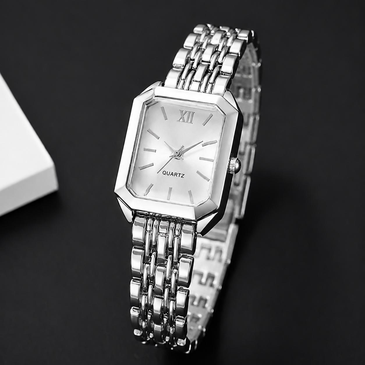 Elegant Women's Luxury Fashion Quartz Watch, Chic Minimalist Bracelet with Box, Simple Scale Square Silver Gold Wristwatch, Fashionable Analog Watch, Perfect for Party, Daily Outfits, Birthday