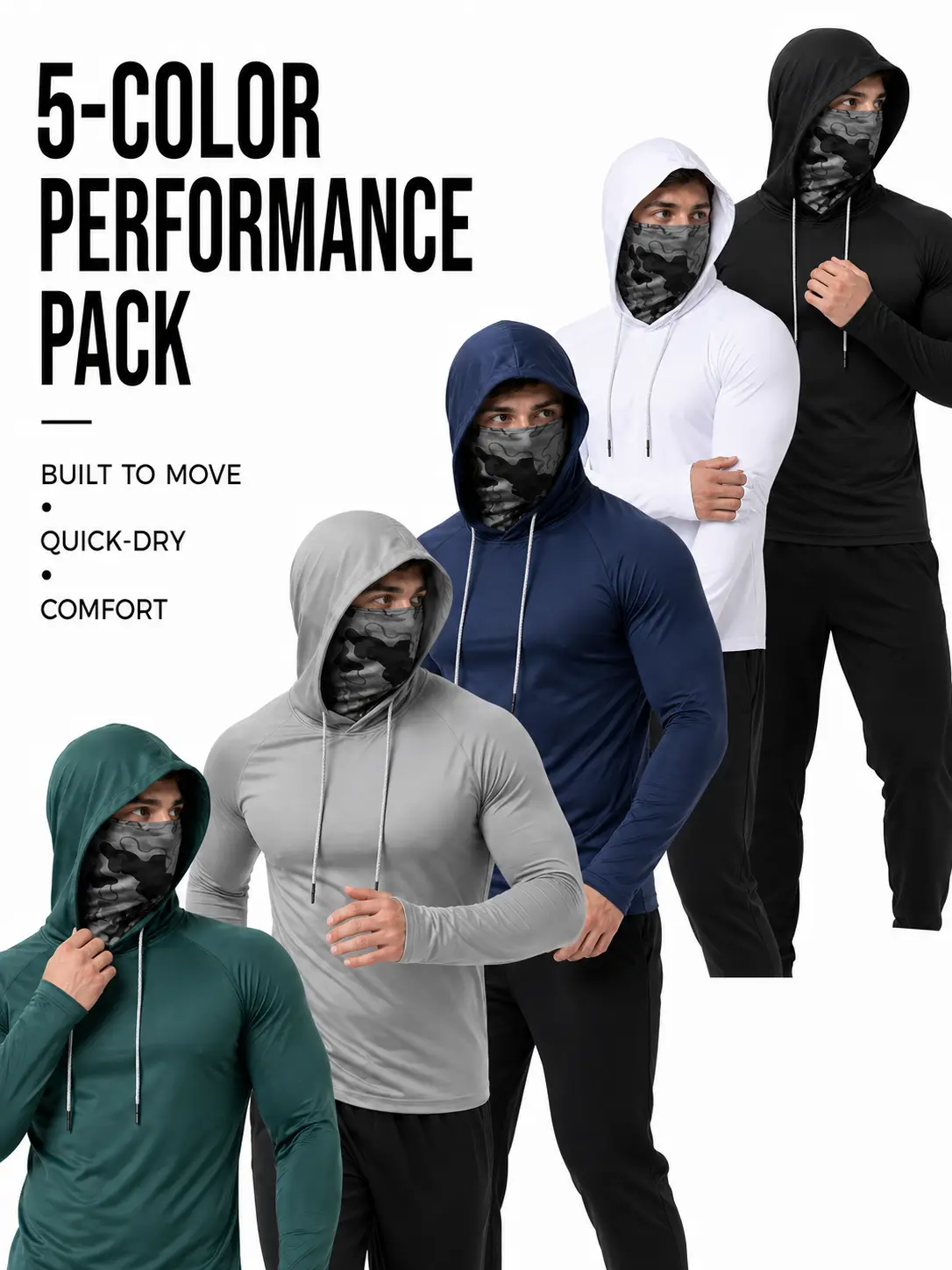Male 5-Pack Quick-Dry UV Protection Hoodies - Lightweight Long-Sleeve Outdoor Shirts with Built-In Face Cover, Construction Bending Lifting Compatibility