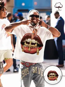 Retro Y2K Men's Fitted T-Shirt Featuring Rebellious Geometric Lip Print with Cross Detail, Soft Cotton Top for Street Style and Music Festival Outfits