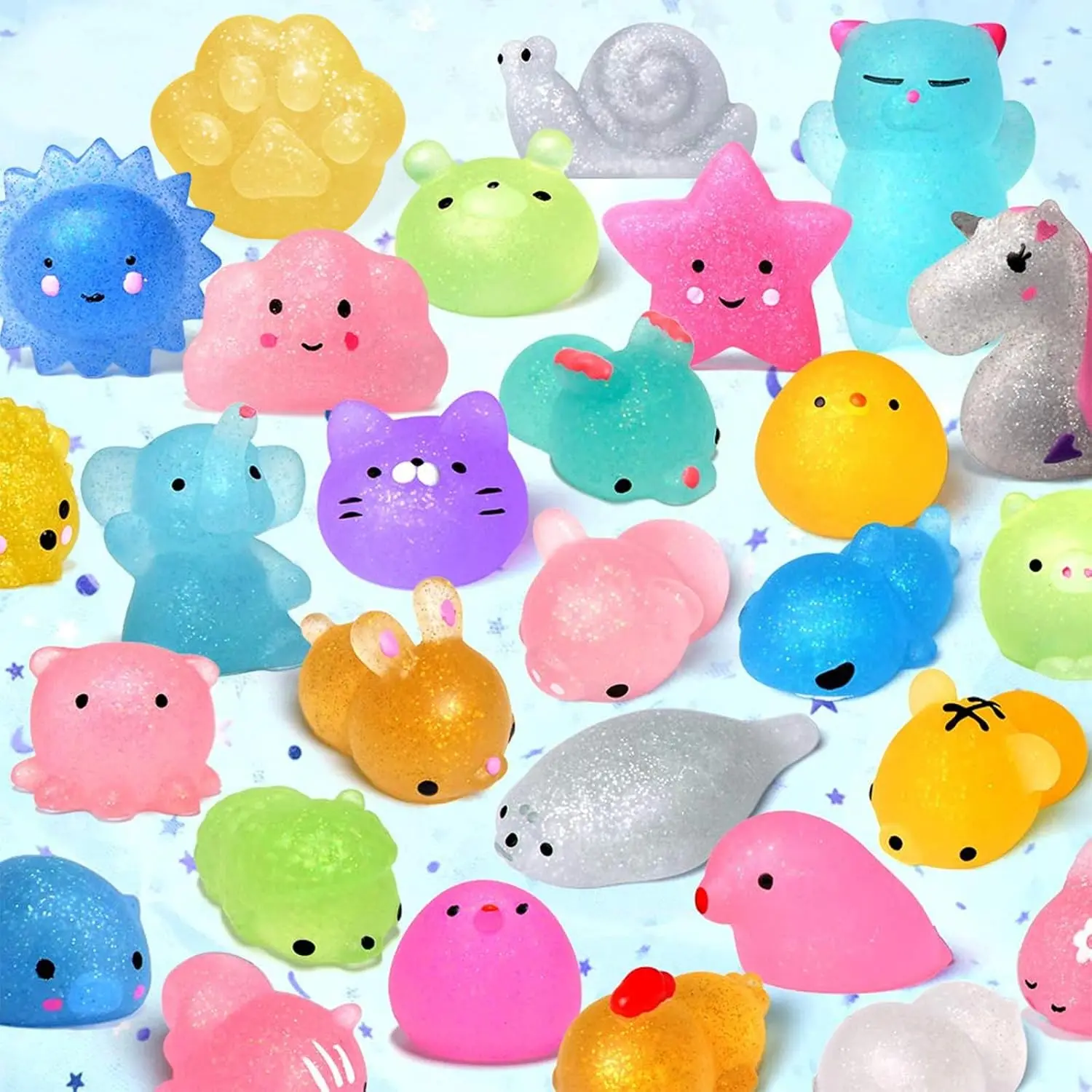 Z-MTS71 2nd Generation Glittery Nitrosamine-Free Mochi Squishies - 20pcs Kawaii Mini Animal Squeeze Toys, Transparent Body, Learning & Stress Relief for Kids, Treasure Box Items, Class Prizes Stocking Stuffers, Stress Reliever