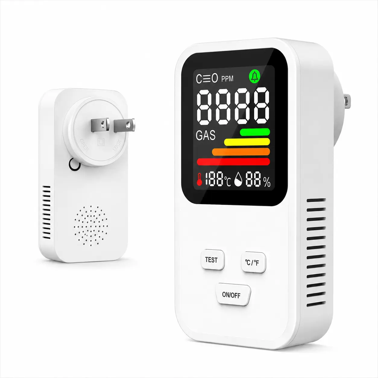 Portable 4-in-1 Air Monitor DM340A, Real-Time Home Security Detector for C.O, Natural Gas, Temperature & Humidity, Flammable Gas Leak Sensor, HD Color Display, Audible & Visual Alarm for Indoor Home, Bedroom, Kitchen, Garage Safety