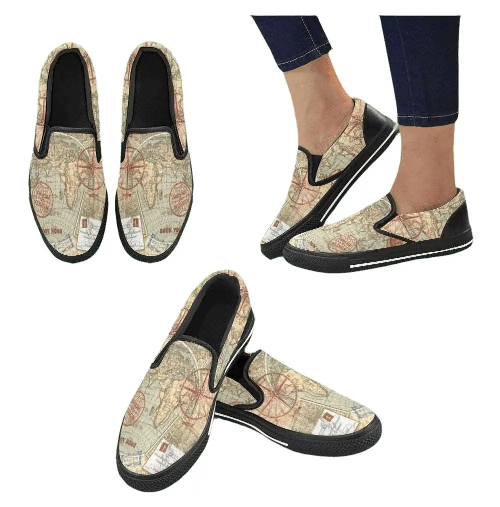 Globetrotter Slip-on Women's Canvas Shoes; Boat and RV Slip-ons; Map and Compass Design