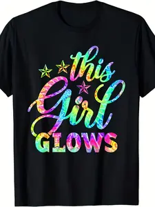 Women's & Girls' Glow-in-the-Dark Tie-Dye T-Shirt - Neon Glow Party Shirt with "This Girl Glows" Slogan, Retro 80s 90s Suitable for - Casual & Halloween Outfits, -Size Summer Essentials with Neon Green/Pink/Purple Print, PLUS SIZE