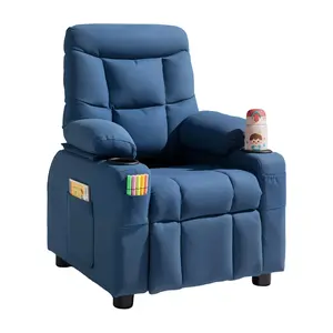 【Summervibes】VEVOR Kids Recliner Chair, Toddler Lounger with Cup Holders & Pockets, 107° to 126° Adjustable Back, Breathable Polyester Upholstery Reclining Sofa with Foot-rest, for Boys and Girls, Children (Blue)