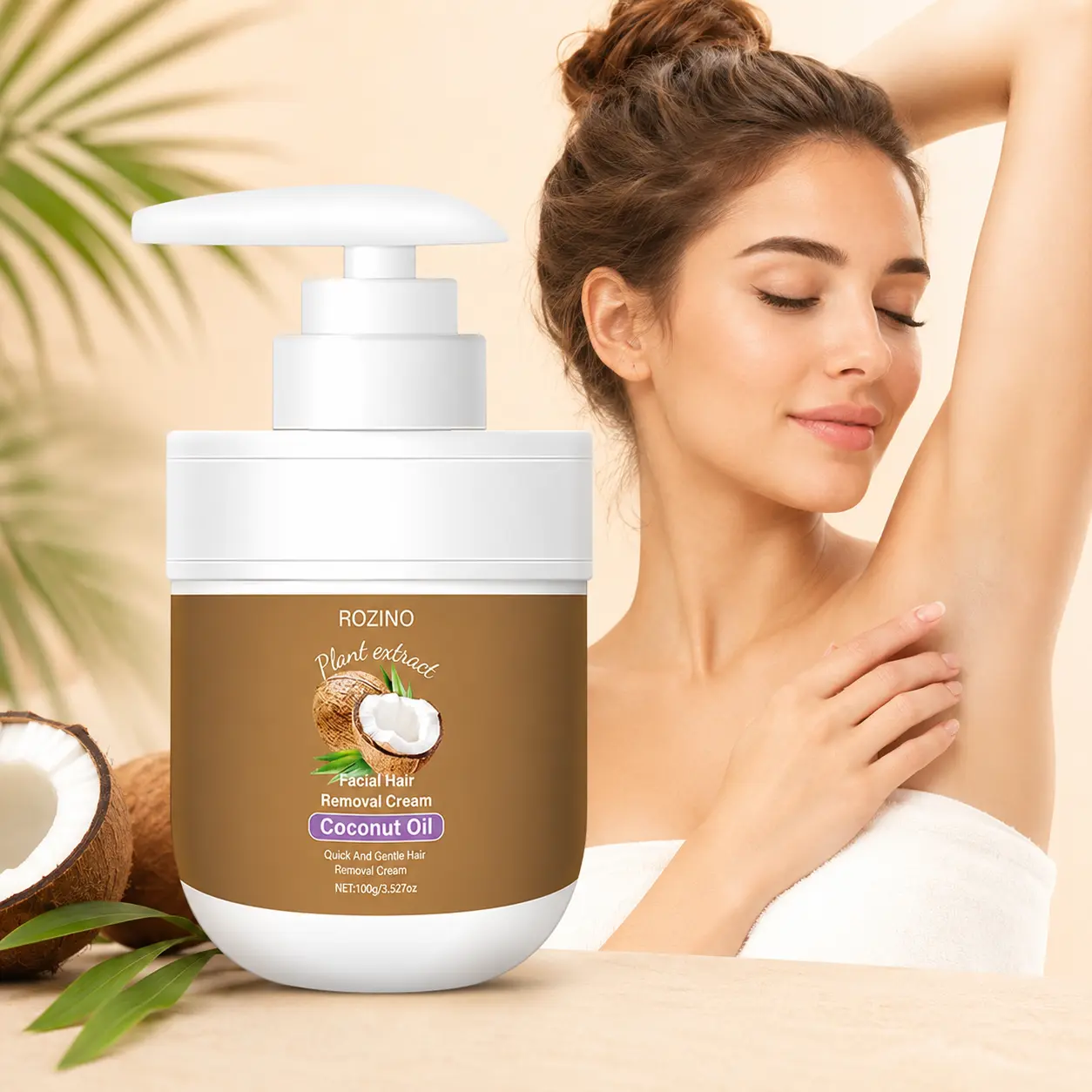 ROZINO Coconut Oil Hair Removal Cream for Face & Body, Gentle Depilatory Cream for Women and Men, Smooth Skin Hair Remover for Upper Lip, Chin, Cheeks, Arms and Legs, Easy Apply Non-Sticky Texture