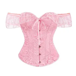 Womens Floral Lace Off Shoulder Corset Lingerie Bustier Fishboned Overbust Corset Tie Up Body Shaper Crop Corset Tops(Sheets)