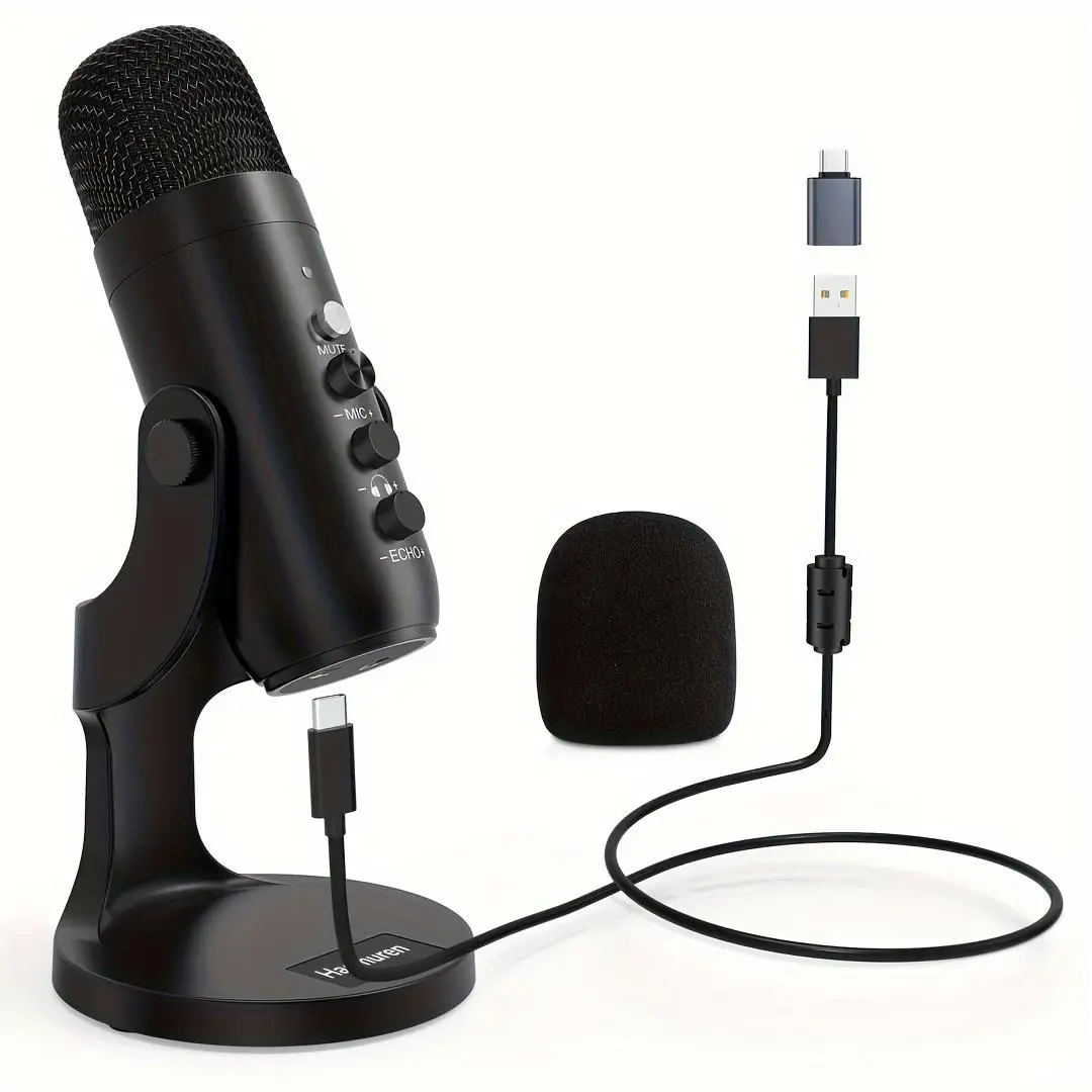 HAOMUREN USB Powered Microphone with Type-C Adapter & USB Cable, Condenser Microphone with Noise Cancelling & Echo Function, Microphone for Live Streaming, Live Streaming Equipment, Noise Reduction Mic