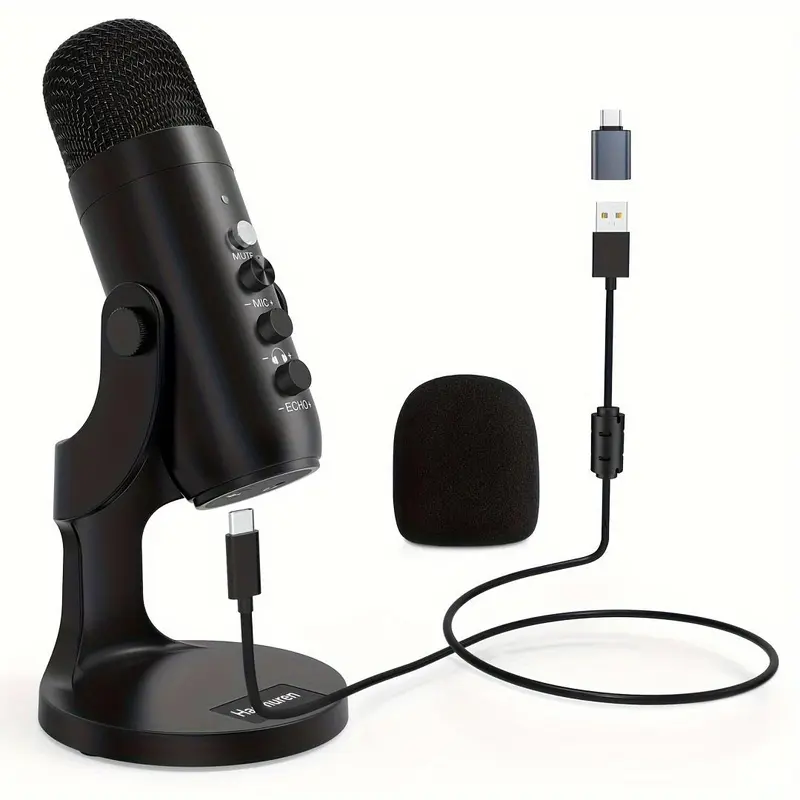 HAOMUREN USB Powered Microphone with Type-C Adapter & USB Cable, Condenser Microphone with Noise Cancelling & Echo Function, Microphone for Live Streaming, Noise Reduction Mic