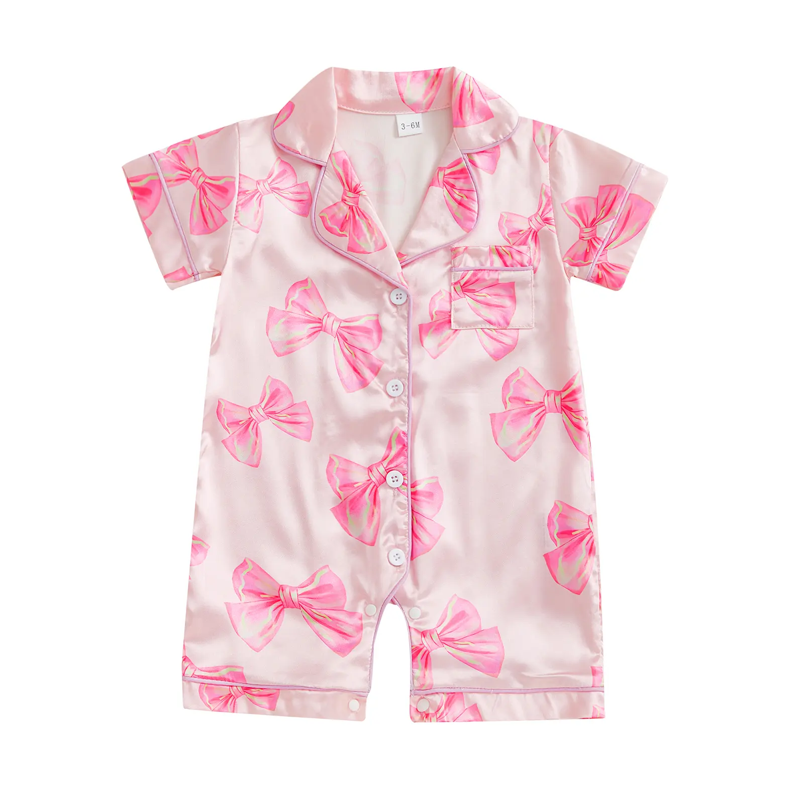 Newborn Baby Girl Bow Silk Pajamas Rompers Button Down Short Sleeve Satin Infant Pjs  Satin Sleepwear Jumpsuit Shorts