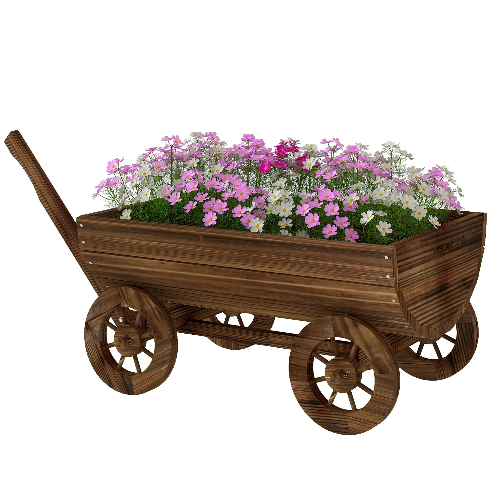Carbonized Rustic Fir Wood Wheelbarrow-Style Mobile Planter Box, 24.4" x 12.2" x 6.3", with 4 Rolling Wheels, Handle & Built-In Drainage Hole for Outdoor Planting & All-Year-Round Decoration