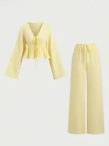 New Arrival Striped Loose Tie Top Two Piece Set, Comfortable High-End Elegant Long Sleeve, Sweet Fashion Casual Matching, Womenswear