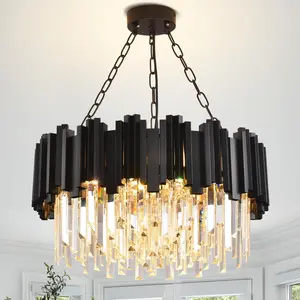 Modern Round Black Crystal Chandelier, 3-Tier K9 Rust-Proof 22-Inch E12 Crystal Chandelier for Dining Room/Kitchen Island/Living Room