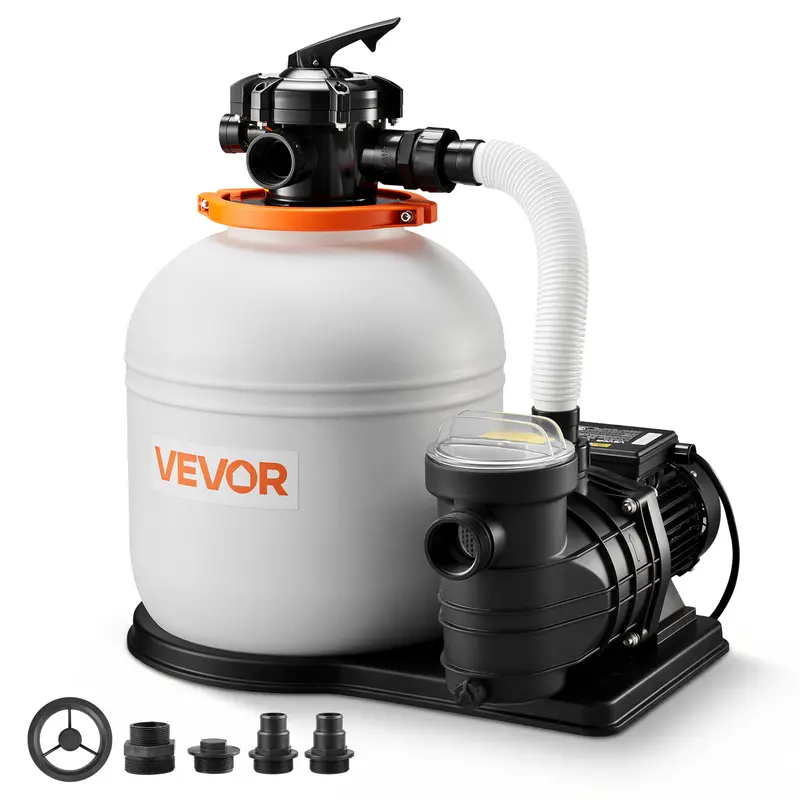 VEVOR 16 in Polypropylene Corrosion Res. Outdoor Swimming Pool Sand Filter Pump, 0.75 HP 4400 GPH, Pre-Assembled Core, Copper Motor, 6-Way Valve, Leak-Resistant, High-Efficiency Filtration, Multi-Mode Ops, Adapter, Swimming Pool Cleaner#BacktoSchool