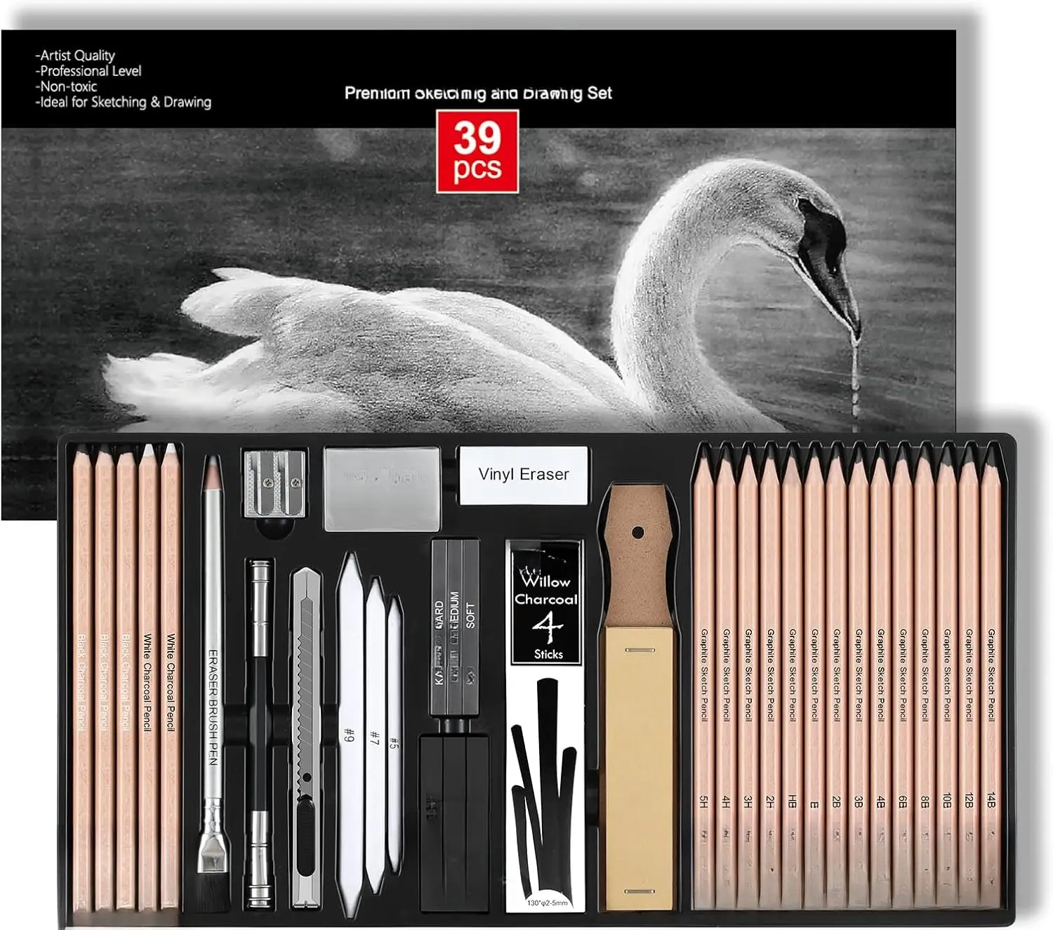 39 count Drawing Pencils Set, Professional Sketch Pencils (5H-14B), Black and White Charcoal Pencils for Sketching, Eraser Brush Pen, Charcoal Sticks, Art Pencils Set for Artists & Beginners