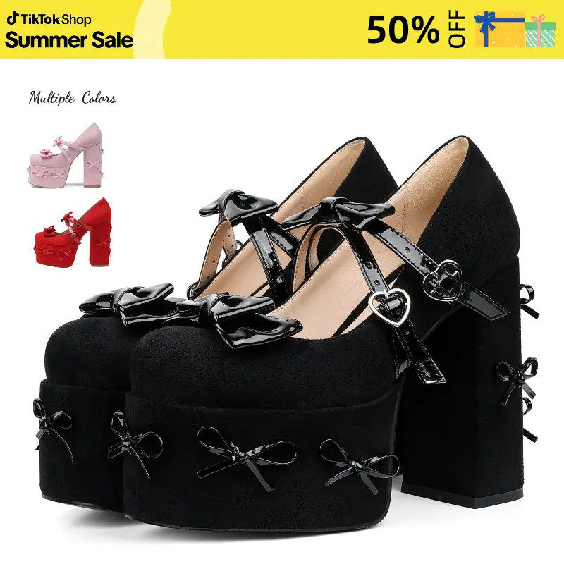 Platform Mary Jane Shoes for Women Cute Bow Buckle High Chunky Heel Cute Suede Dress Shoes Goth Pumps Shoes Uniform Oxfords Outdoor AOSPHIRAYLIAN Women's Bow Buckle Platform Shoes