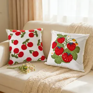 Strawberry Cherry Embroidered Pillow Cover, 18x18 Inch Farmhouse Fruit Pattern Sofa Cushion Case, Soft Decorative Bed Headrest Pillowcase