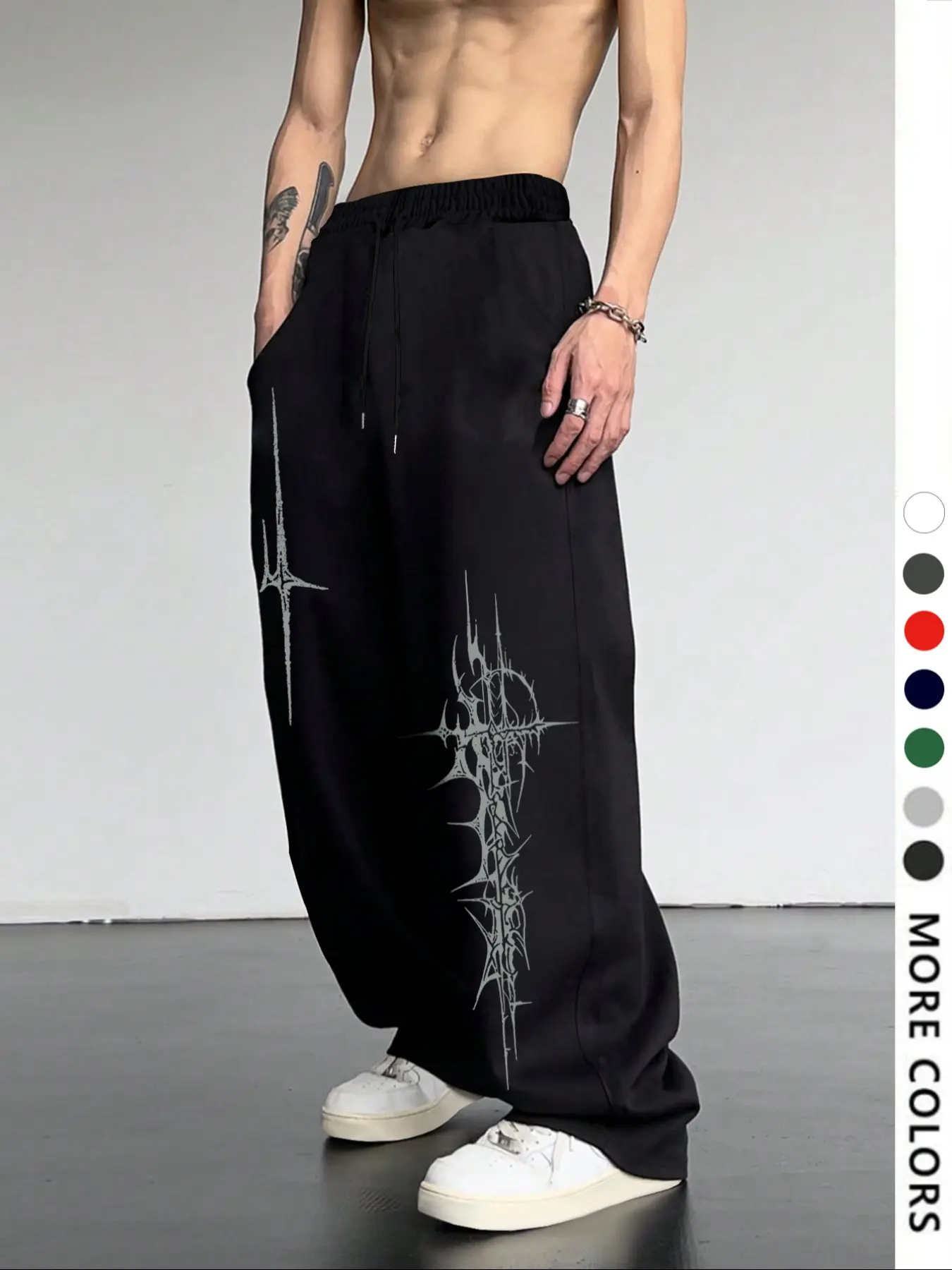 Men's Casual Loose-Fit Jogger Pants, Cross Pattern Print Drawstring Wide Leg Baggy Sweatpants, All-Season Comfortable Men's Clothing