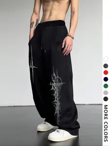 Men's Casual Loose-Fit Jogger Pants, Cross Pattern Print Drawstring Wide Leg Baggy Sweatpants, All-Season Comfortable Men's Clothing